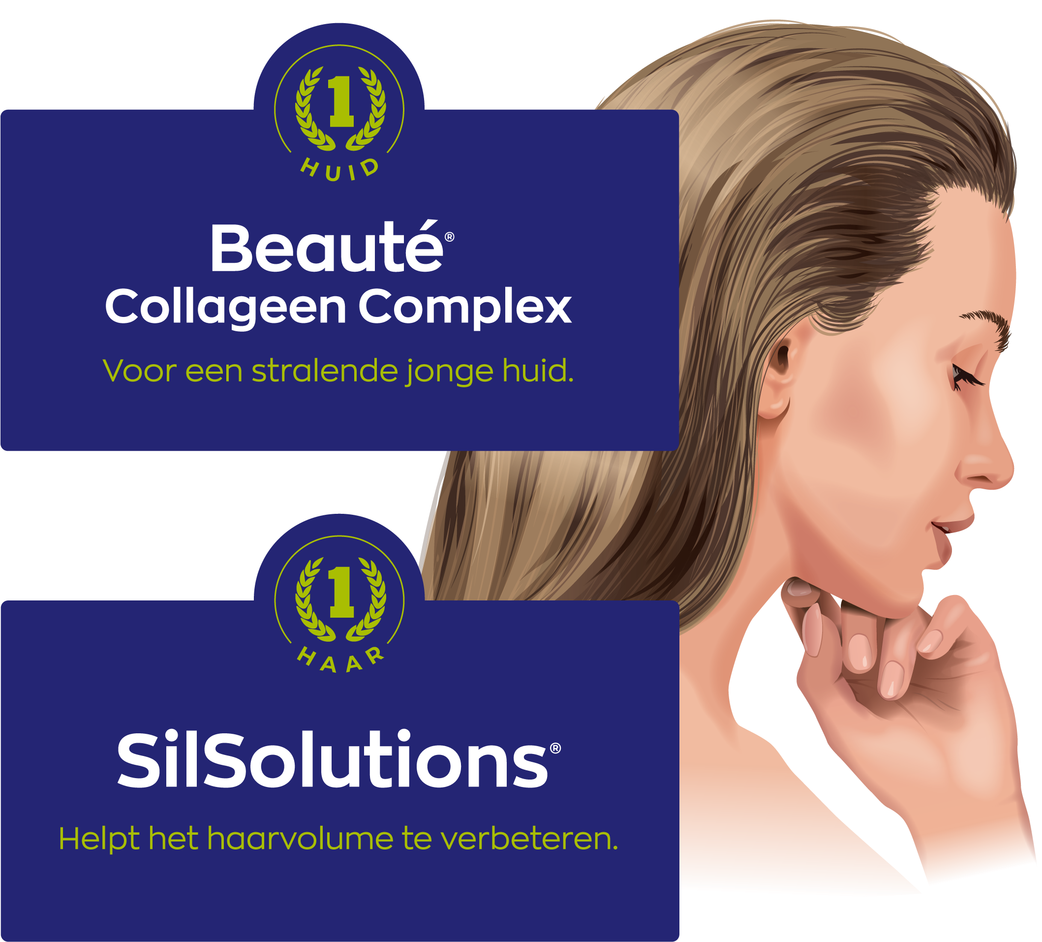 afbeelding met twee producten: Beauté Collageen Complex en SilSolutions. Het Beauté Collageen Complex is voor een stralende jonge huid. SilSolutions helpt het haarvolume te verbeteren. 